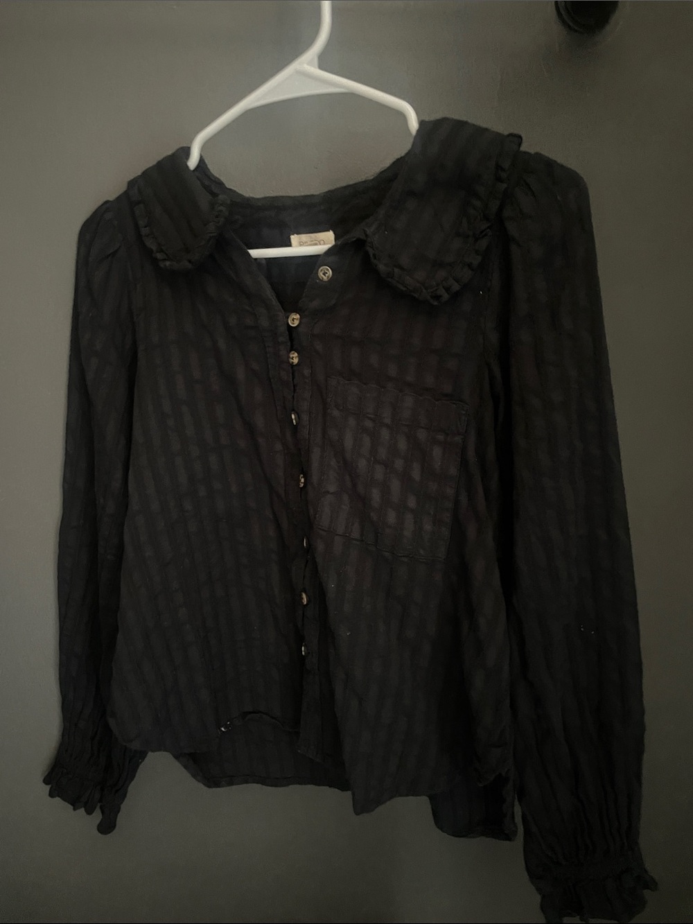 Pilcro Black Textured Button-Down Blouse with Peter Pan Collar
